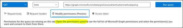 Screenshot that shows Graph Explorer showing the permissions pane with Policy.Read.All and Policy.ReadWrite.AuthenticationMethod consented.