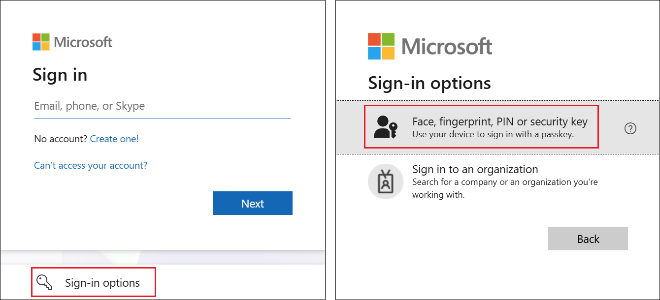 Screenshots that show the Sign-in options button and the Face, fingerprint, PIN or security key option.