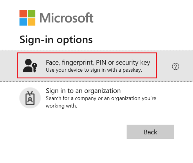 Screenshots that show the Sign-in options button and the Face, fingerprint, PIN or security key option.