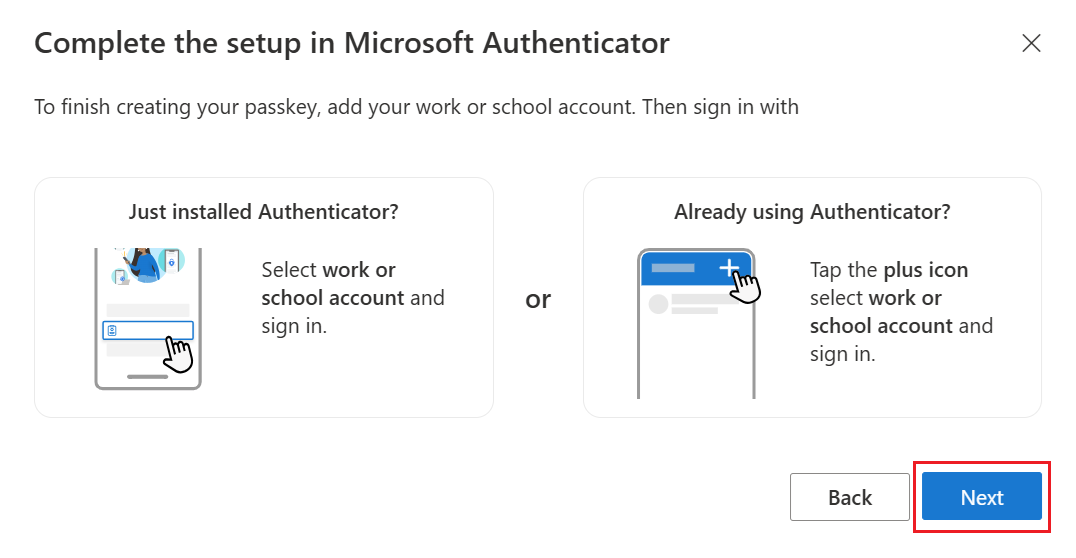 Screenshot that shows returning to the wizard to finish the passkey setup in Authenticator.