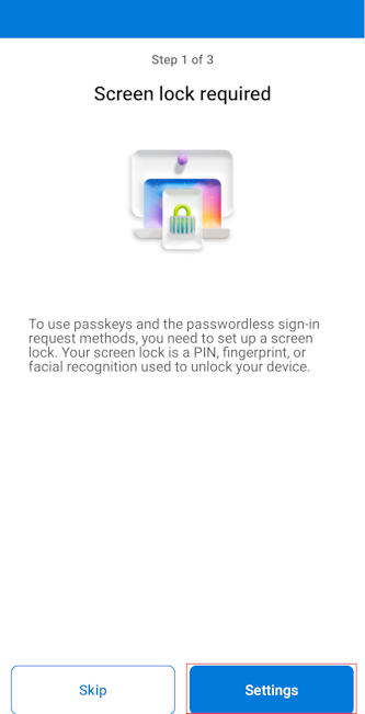 Screenshot that shows how to set up a screen lock for a passkey in Authenticator for Android devices.