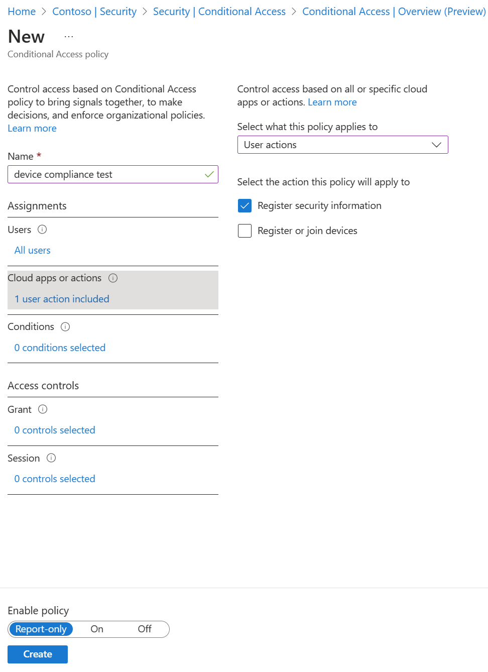 Screenshot that shows creating a Conditional Access policy to control security information registration.