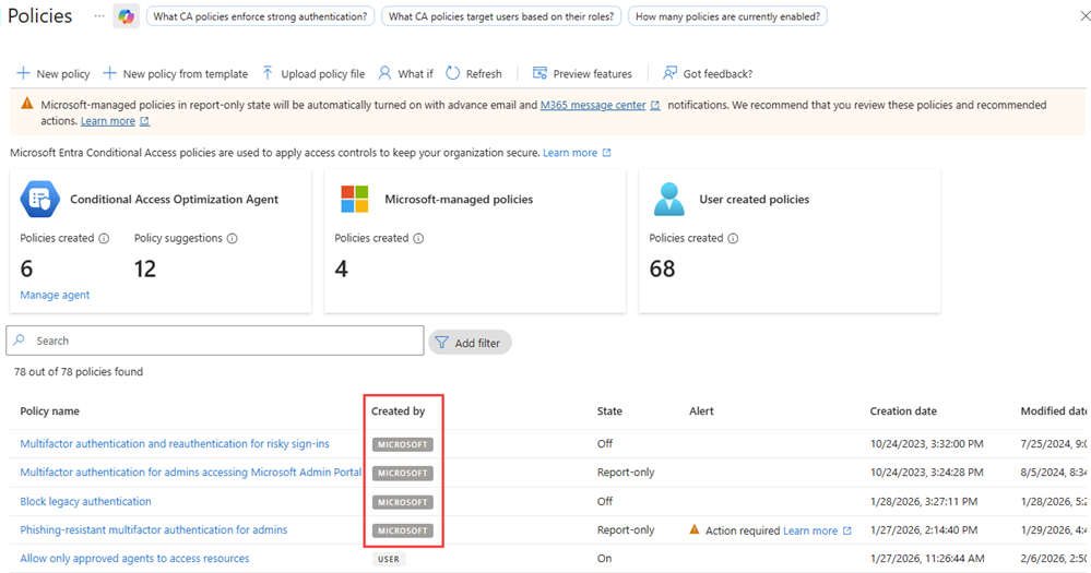 Screenshot of the Conditional Access policies with Microsoft-managed policies highlighted.