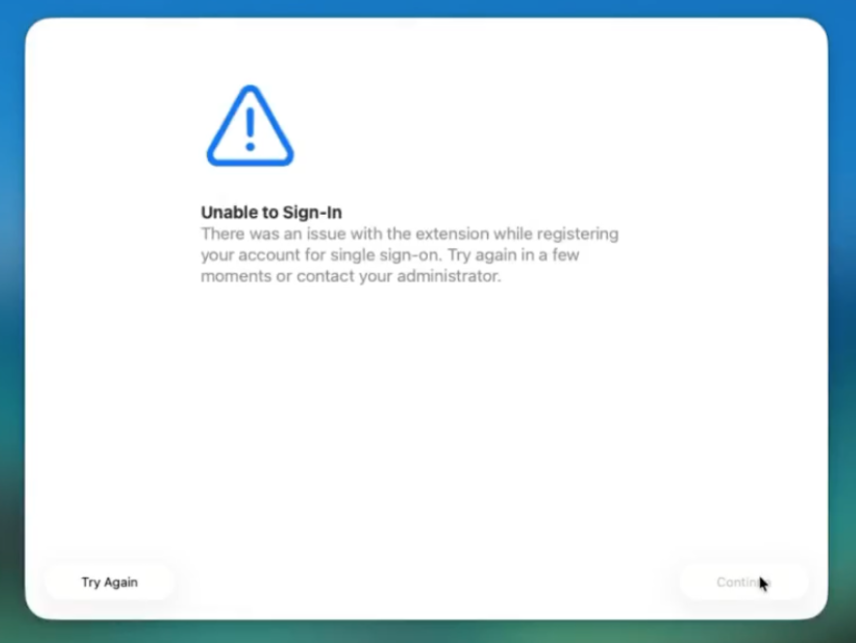 Screenshot of dialog that states Unable to Sign in due to an issue with the extension while registering your account for single sign on.