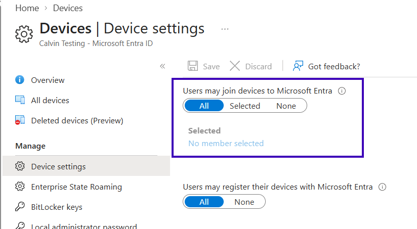 Screenshot of the device settings pane in the Entra portal focusing on the required setting for users may join devices using Microsoft Entra.