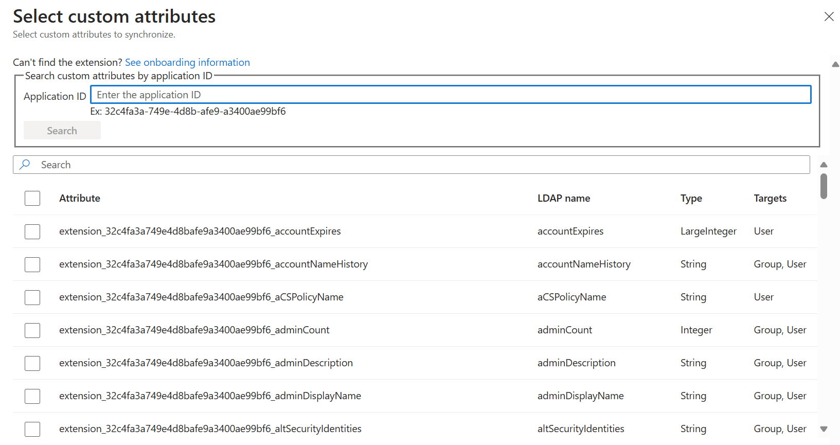 Screenshot of how to add directory extension attributes.