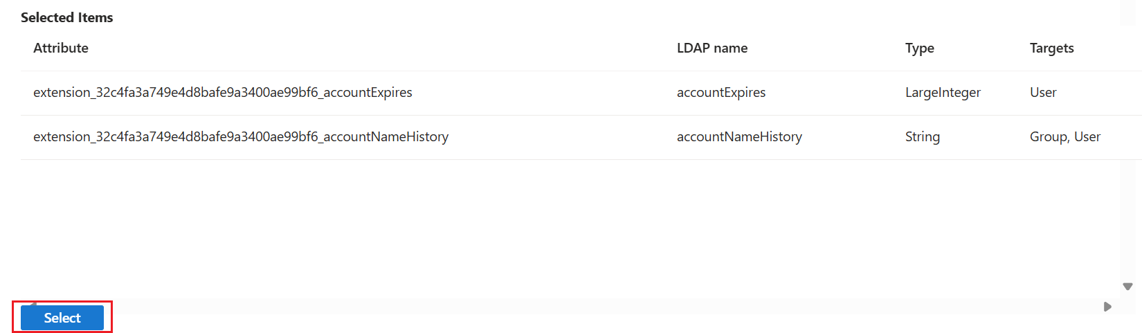 Screenshot of how to save directory extension attributes.