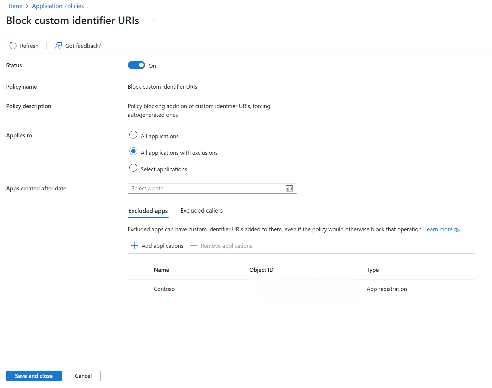 Screenshot of the 'custom identifier URI' restriction.