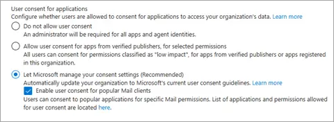 Screenshot of the User consent settings pane.
