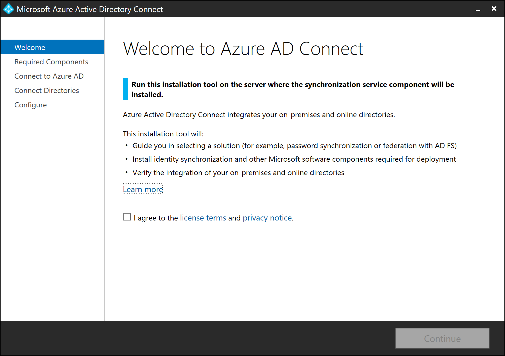 Screenshot that shows the "Welcome to Microsoft Entra Connect" page.