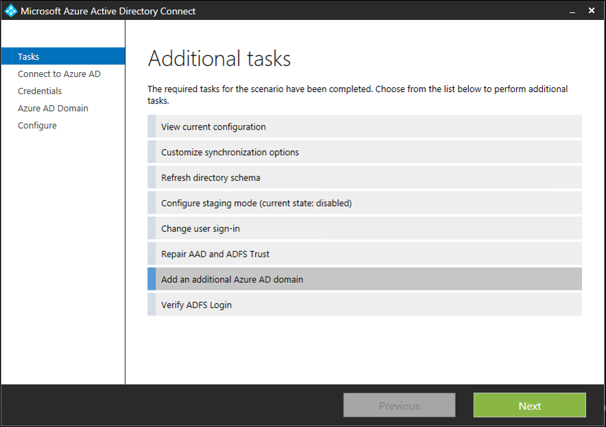 Screenshot of the Additional tasks page with Add an additional Microsoft Entra domain selected.