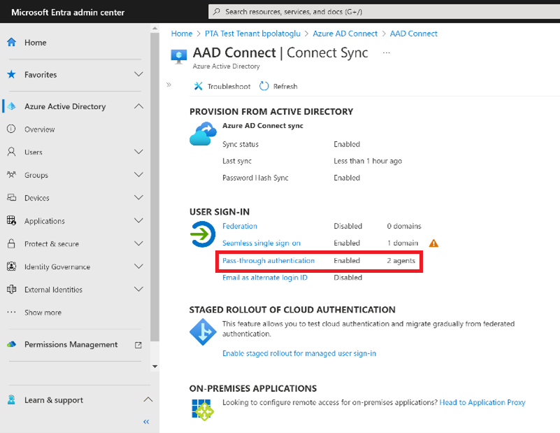 Screenshot shows Microsoft Entra admin center: Microsoft Entra Connect pane.