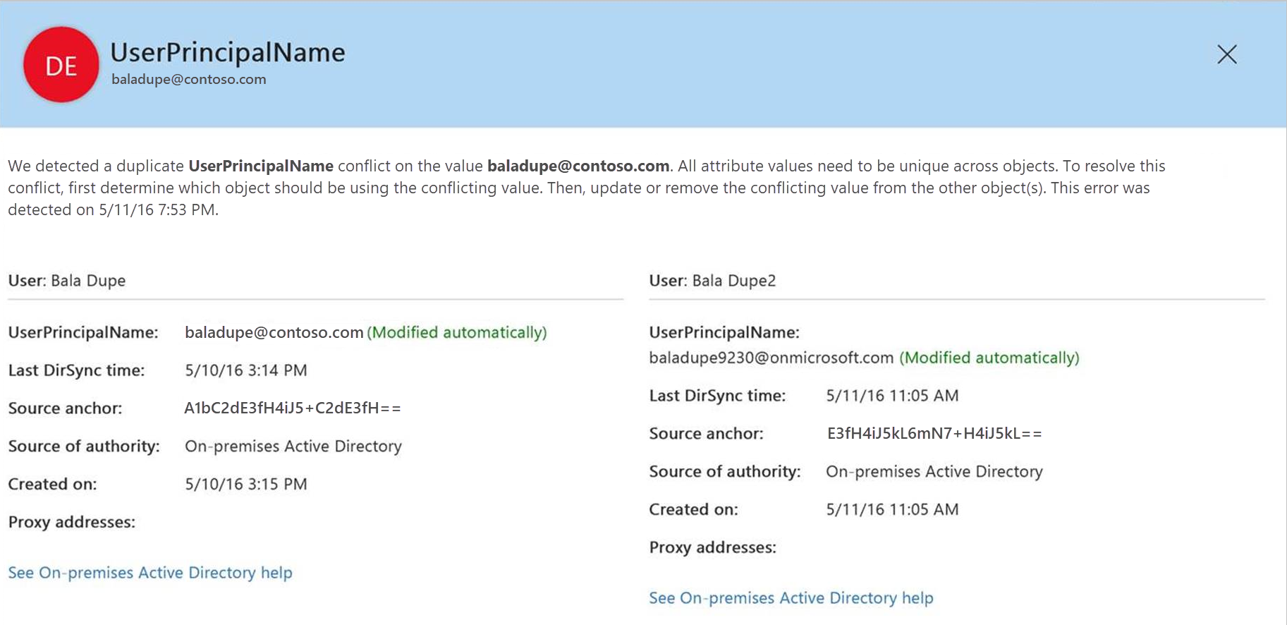 Active Users Screenshot that shows directory synchronization errors in the Microsoft 365 admin center.
