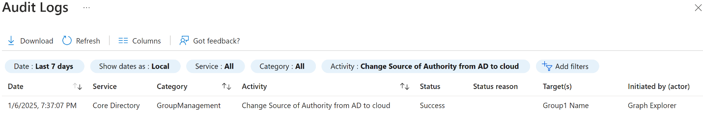 Screenshot of the Azure portal showing the Change Source of Authority from AD DS to cloud activity selection.
