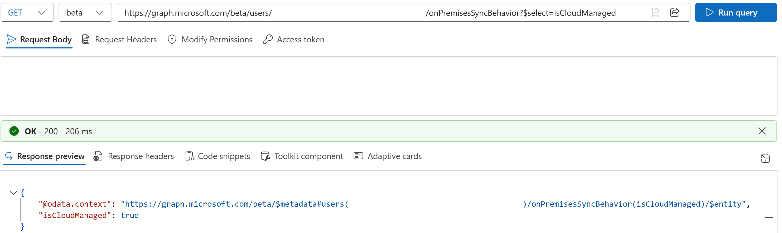 Screenshot of how to use Microsoft Graph Explorer to get the SOA value of a user.