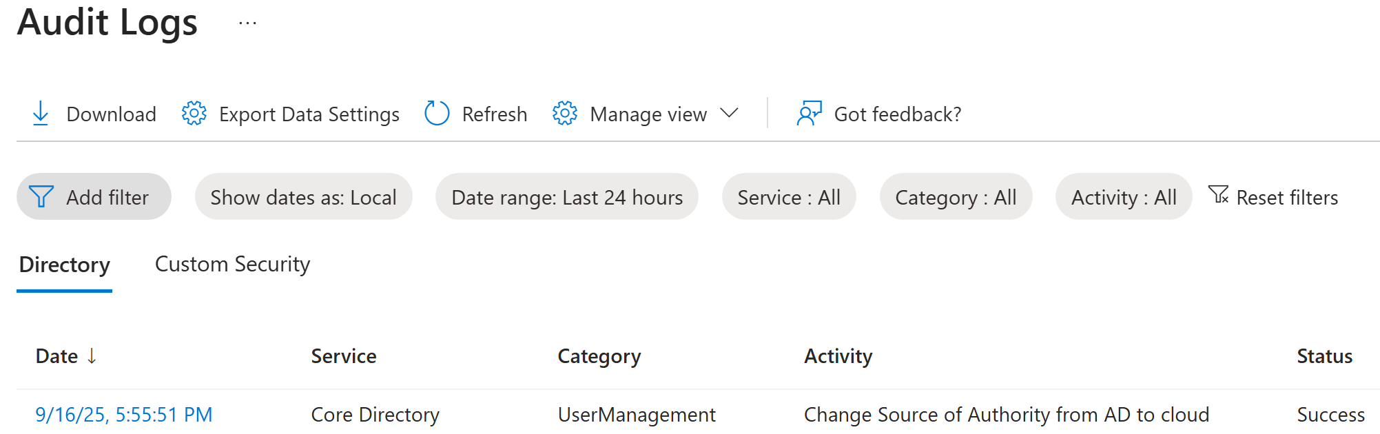Screenshot of the user source of authority audit logs.