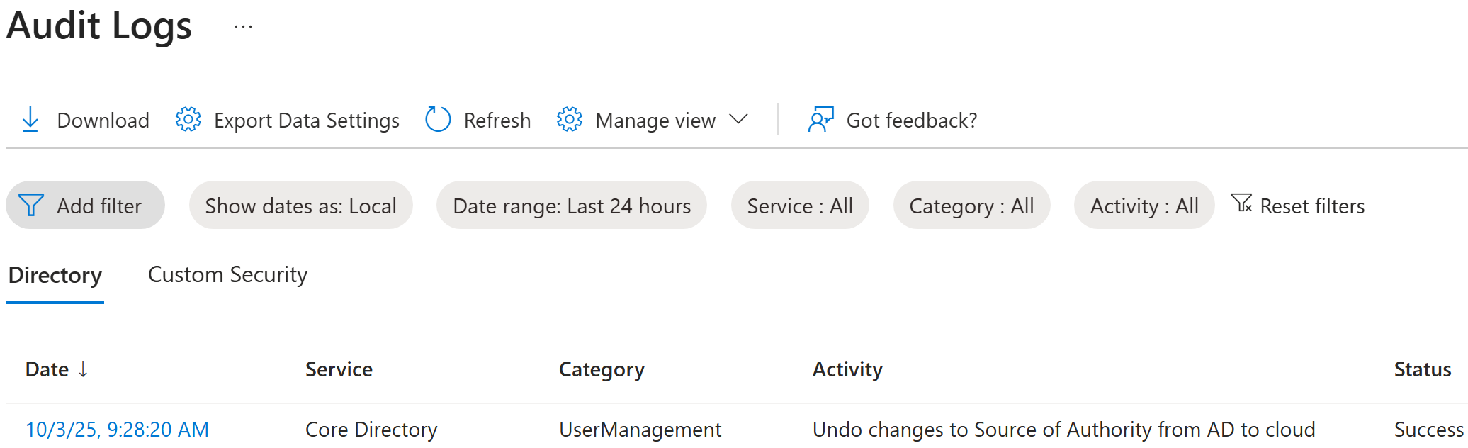 Screenshot of audit logs when source of authority is reverted.