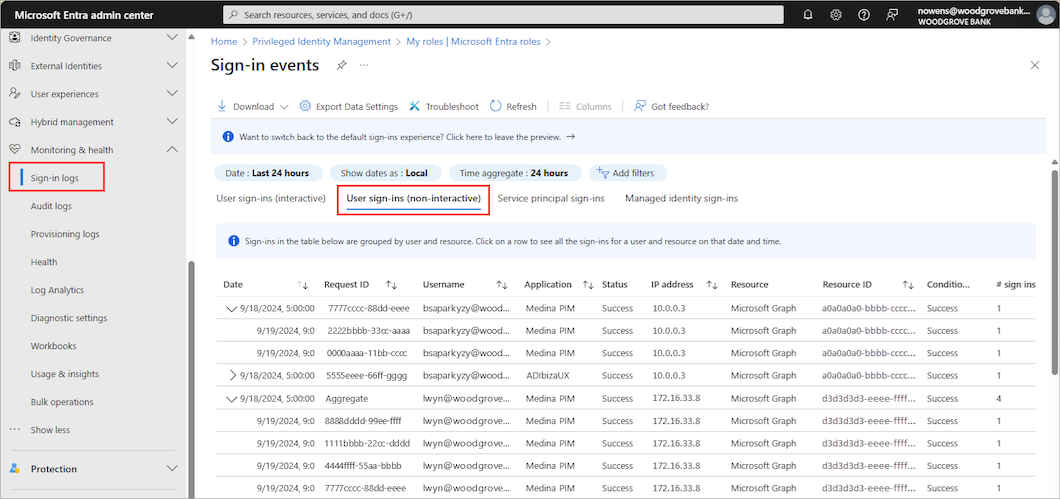 Screenshot of the non-interactive user sign-in log.