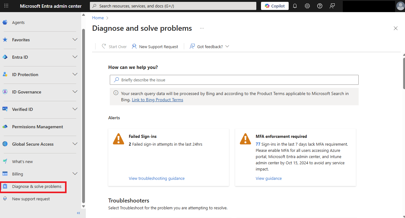 Screenshot of the Diagnose & solve problems in the left-hand nav.