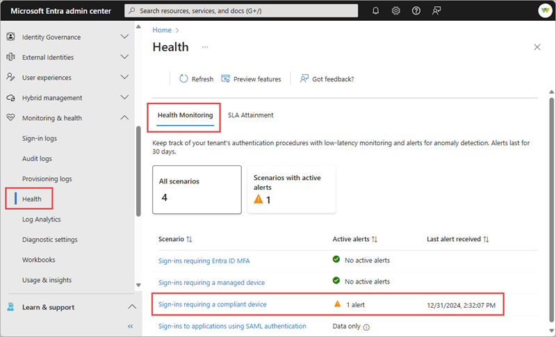 Screenshot of the Microsoft Entra Health landing page.