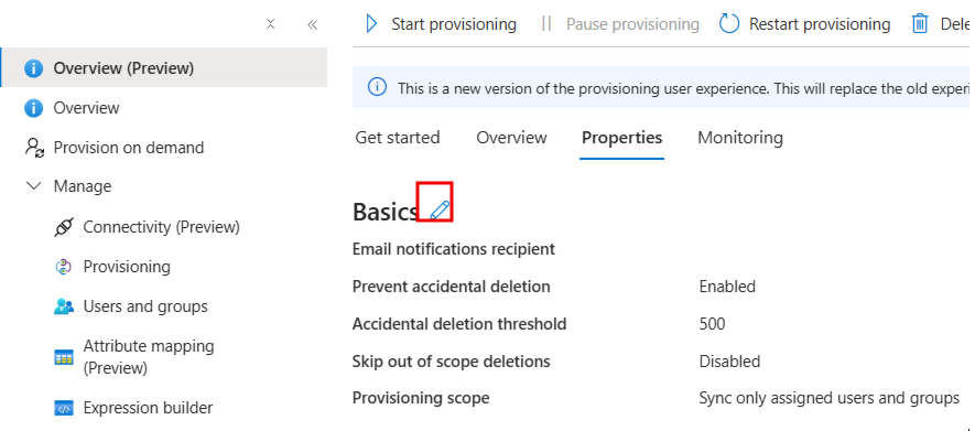 Screenshot of Provisioning properties.