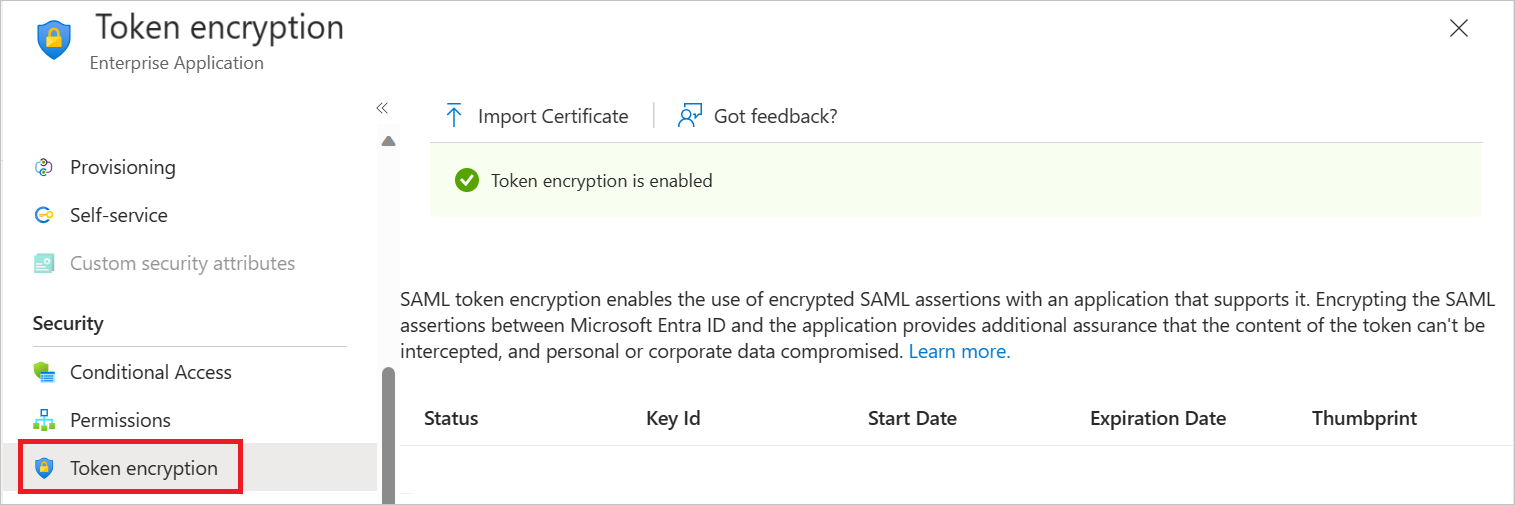 Token Encryption Screenshot shows the activation of Token Encryption.