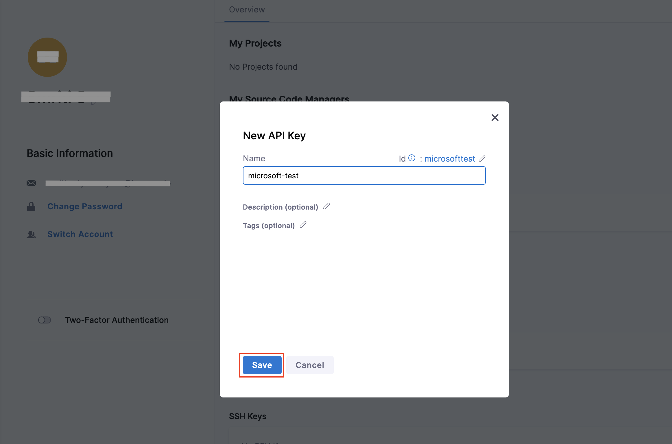 Screenshot of the Harness new API key dialog with the Name box and Save button.