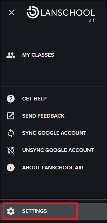 Screenshot of the Settings menu in the LanSchool Air admin.
