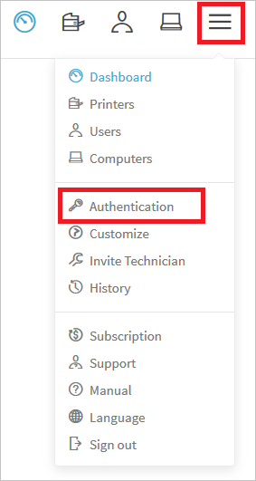 Authentication Screenshot shows Authentication selected from the menu.