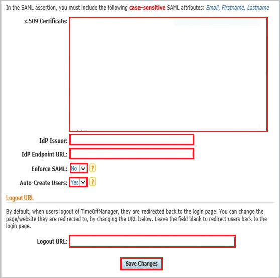 Single Sign-On Settings Screenshot shows the Single Sign-On Settings section where you can enter the values described.