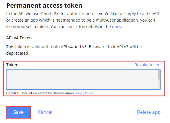 Screenshot of Permanent access token.