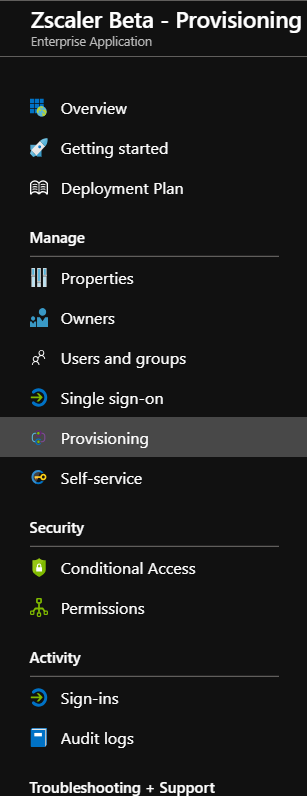 Screenshot that shows the Provision tab of the Manage category is selected.