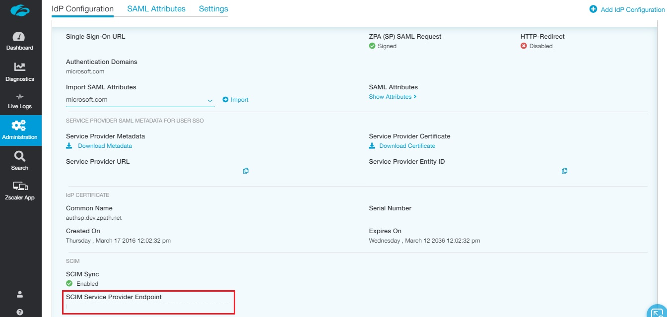 Screenshot of the Zscaler Private Access (ZPA) SCIM URL.
