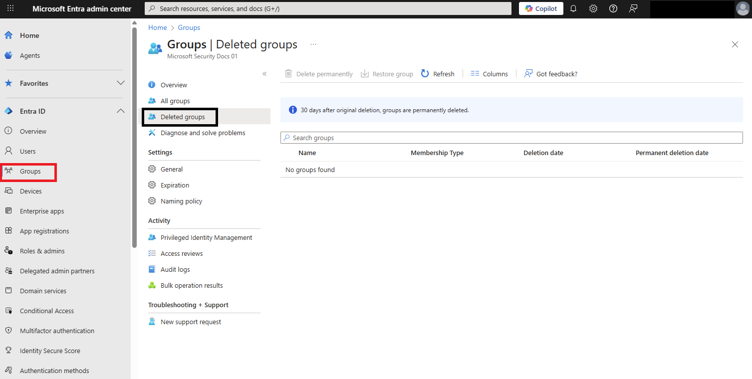 Screenshot that shows viewing groups that are available to restore.