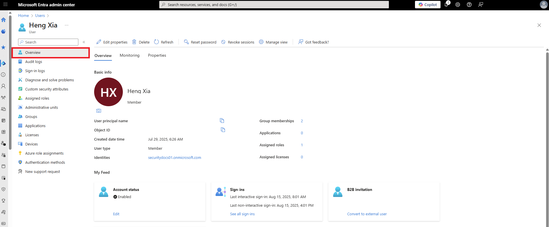Screenshot of new user profile displaying the Overview tab contents.