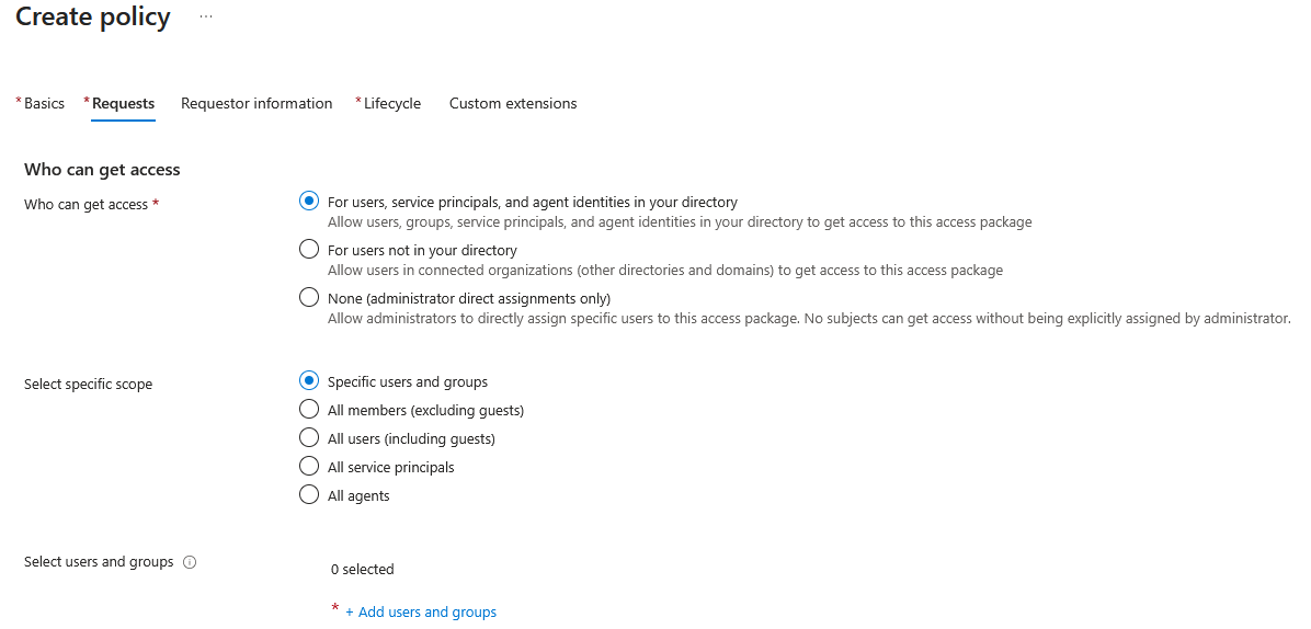 Screenshot that shows the option for allowing users and groups in the directory to request an access package.