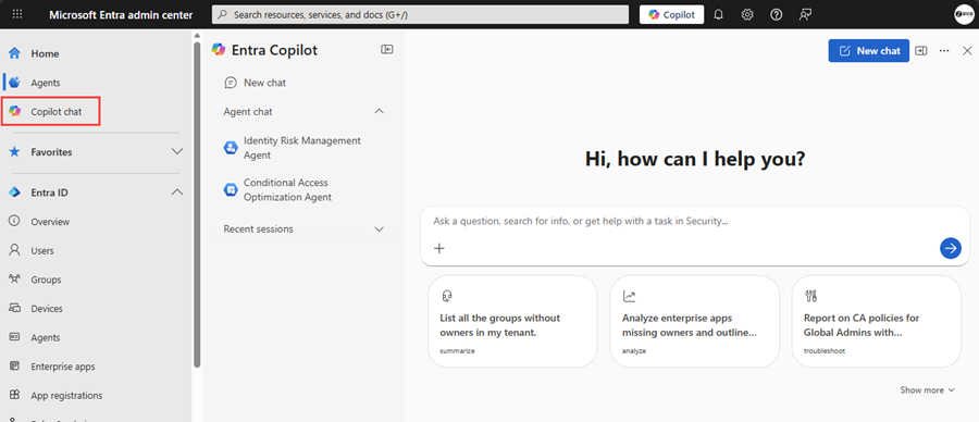 Screenshot of the Copilot chat option in the Microsoft Entra admin center.