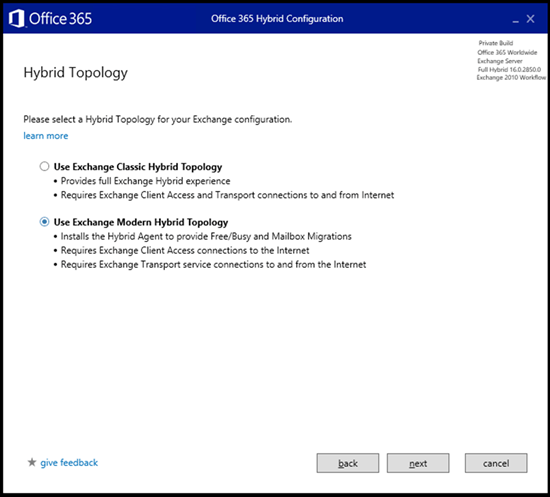 Hybrid Topology page in the Hybrid Configuration wizard.