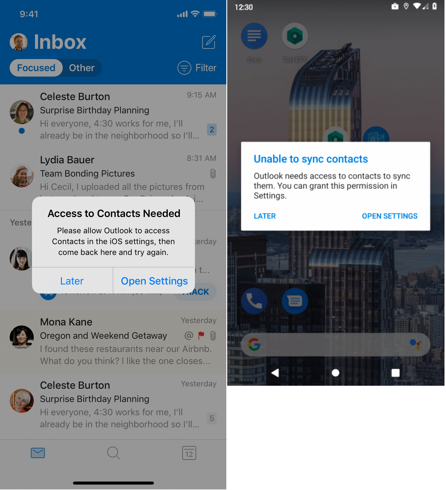 User is prompted to allow Outlook to access the native Contacts app.
