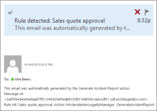 Screenshot of the message that is sent when a rule is detected.
