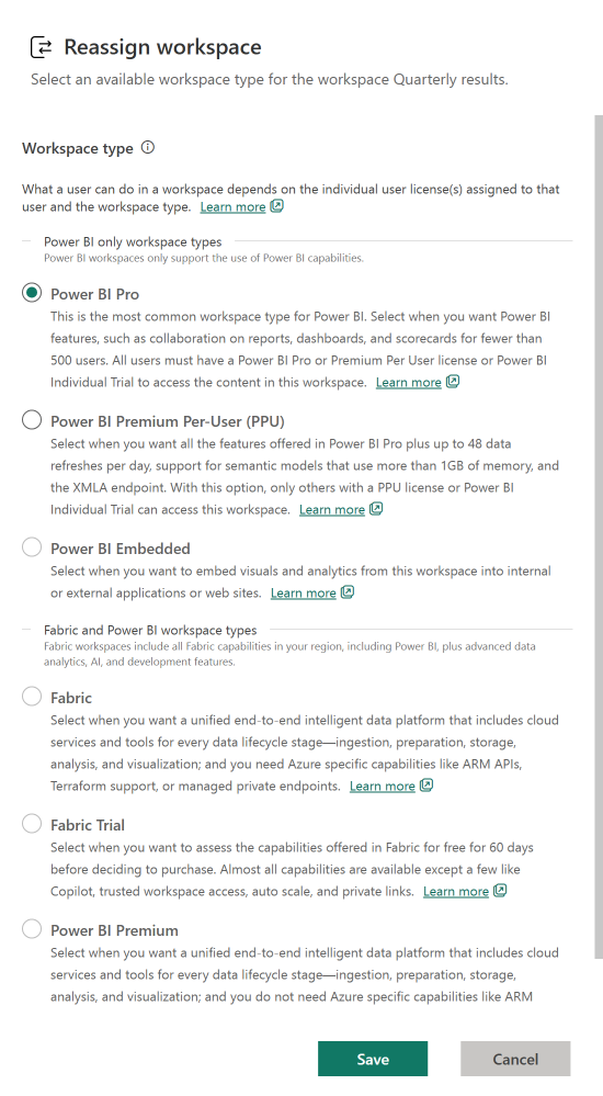 Screenshot showing the Reassign workspace types pane.