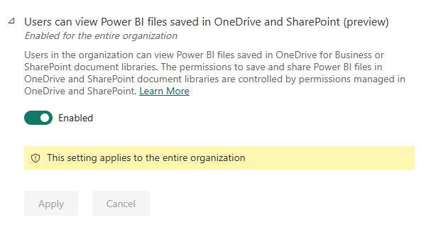 Screenshot of admin setting called: Users can view Power BI items saved in OneDrive and SharePoint.
