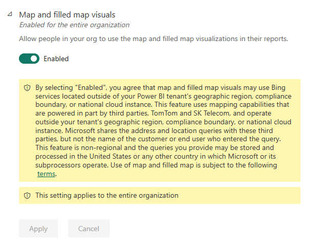 Screenshot of the map and filled map visuals admin setting.