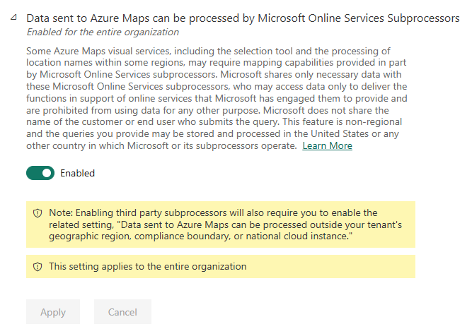 Screenshot of the Use Azure Maps visual admin setting.