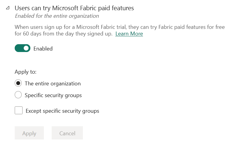 Screenshot showing Users can try Fabric paid features.