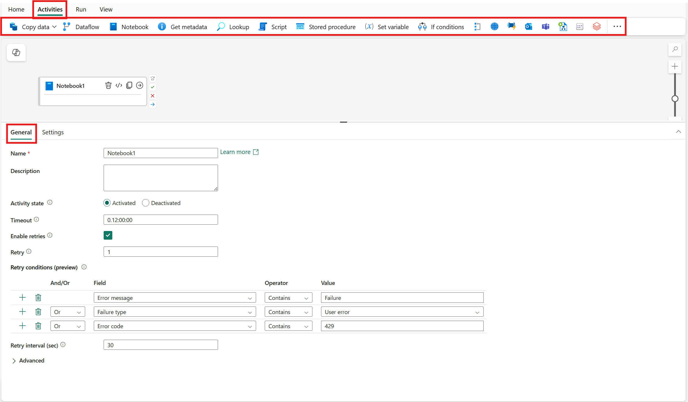 Screenshot showing the pipeline editor with the Activities tab, toolbar, a copy activity, and the General tab of its properties, all highlighted.