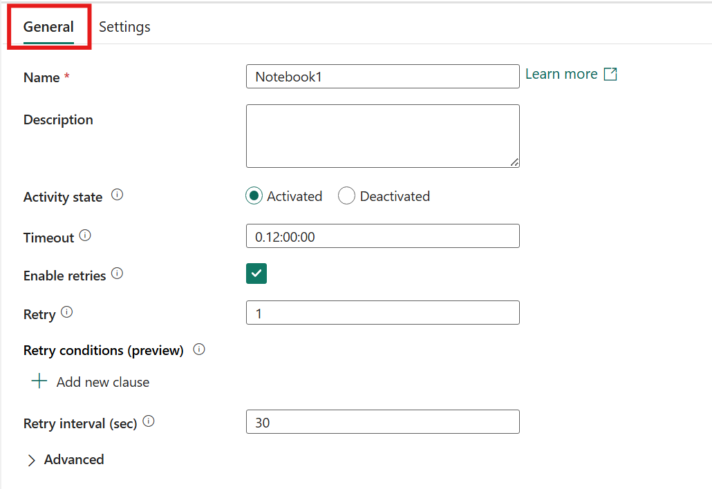 Screenshot showing the General settings tab of an activity.