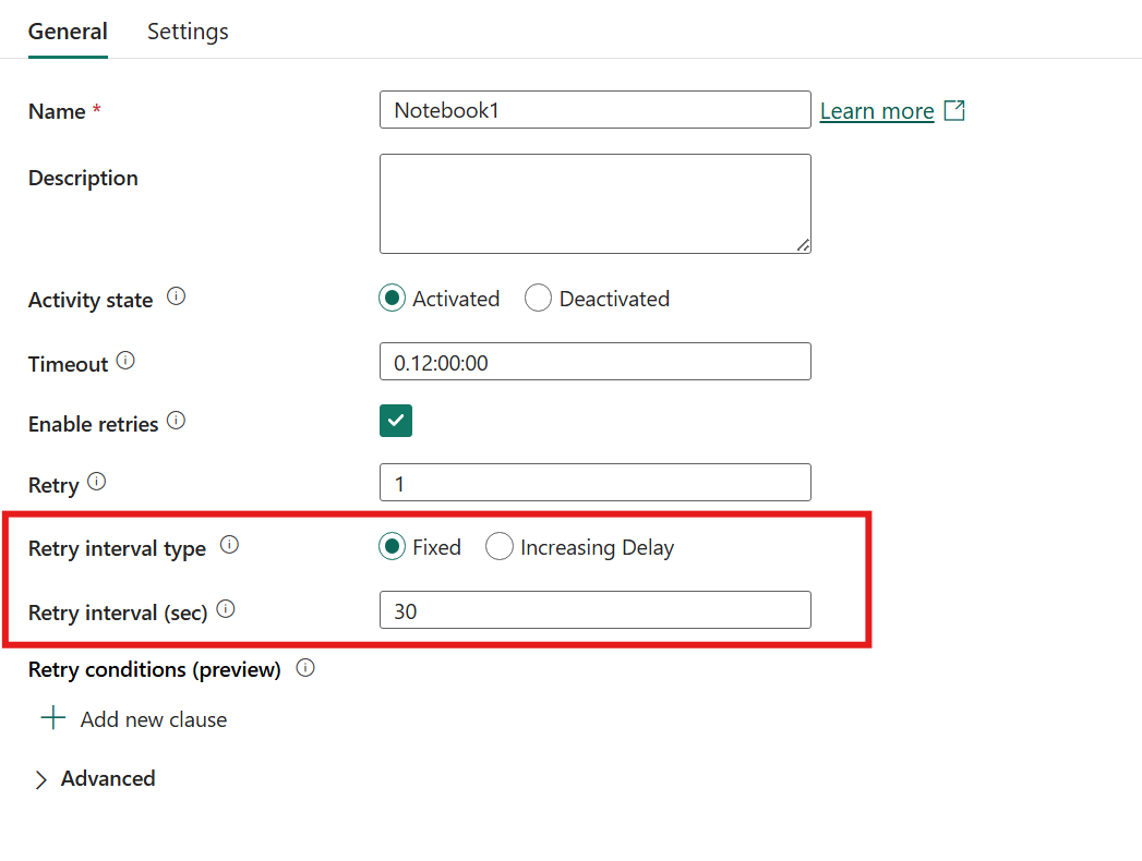 Screenshot showing the retry interval setting set to the fixed interval type in the General tab of an activity's properties pane.