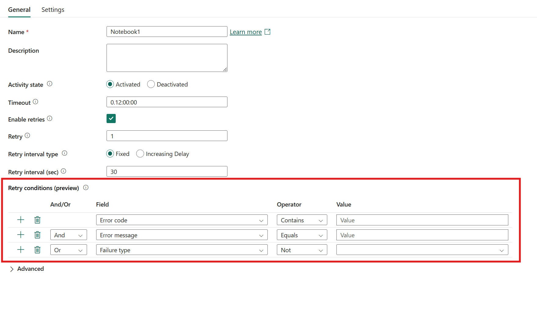 Screenshot showing the retry conditions settings in the General tab of an activity's properties pane.