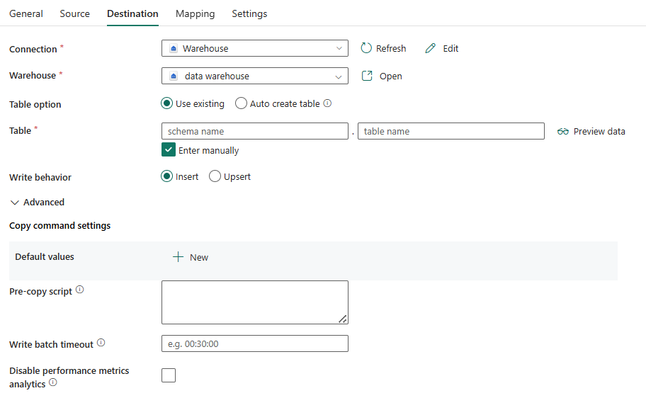 Screenshot showing destination tab and the list of properties.